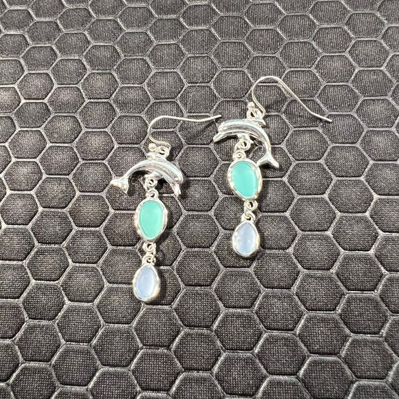 Venice By The Sea Jewelry Jewelry - Dolphin Earrings with Multicolored Sea Glass 18K White Gold Plated
